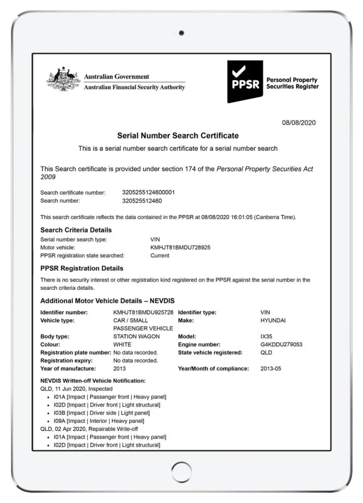 Australian Govt PPSR search certificate - My car history